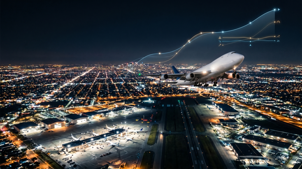 An image of a plane departing from an airport